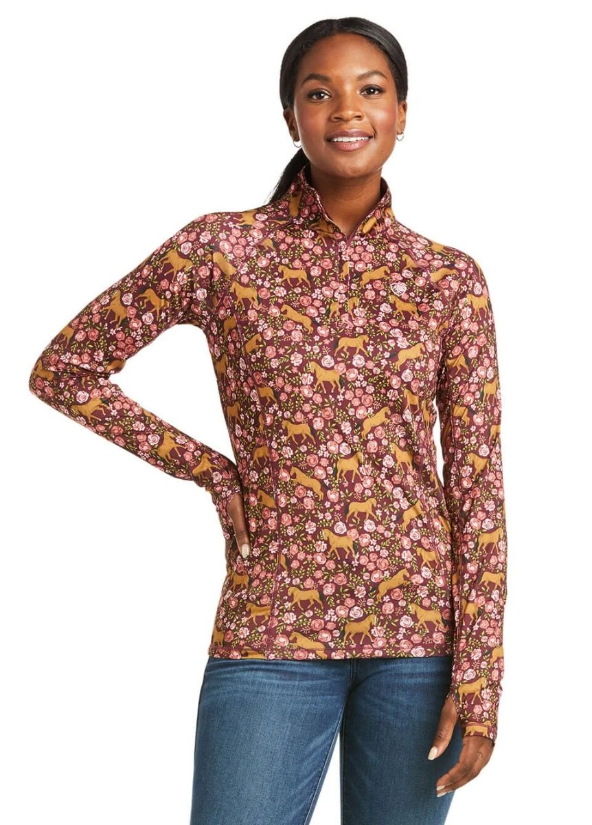 Ariat Womens Lowell 2.0 1/4 Zip Base Layer - Windsor Wine Floral 3 Ariat Womens Lowell 2.0 1/4 Zip Base Layer - Windsor Wine Floral
