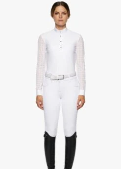 Cavalleria Toscana Pleated Long Sleeved Competition Polo Shirt - White -Equestrian Supply Store ct pleated shirt white 2rdy